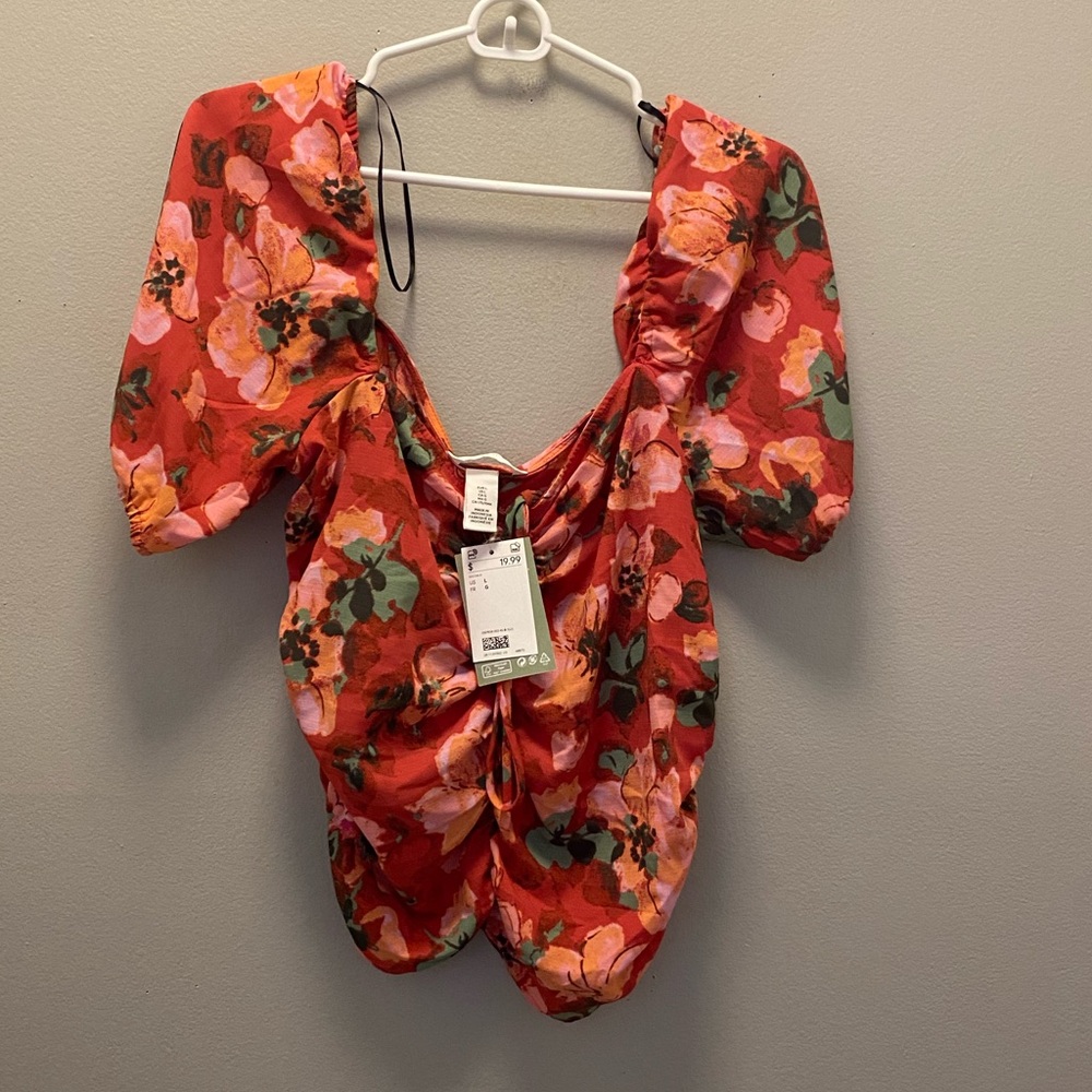 Off the shoulder, red floral midi shirt